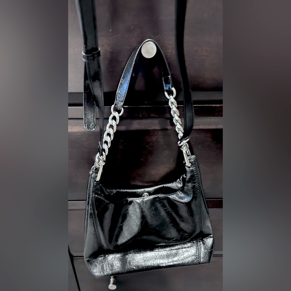Textured shiny black Crossbody shoulder bag with silver chain handle